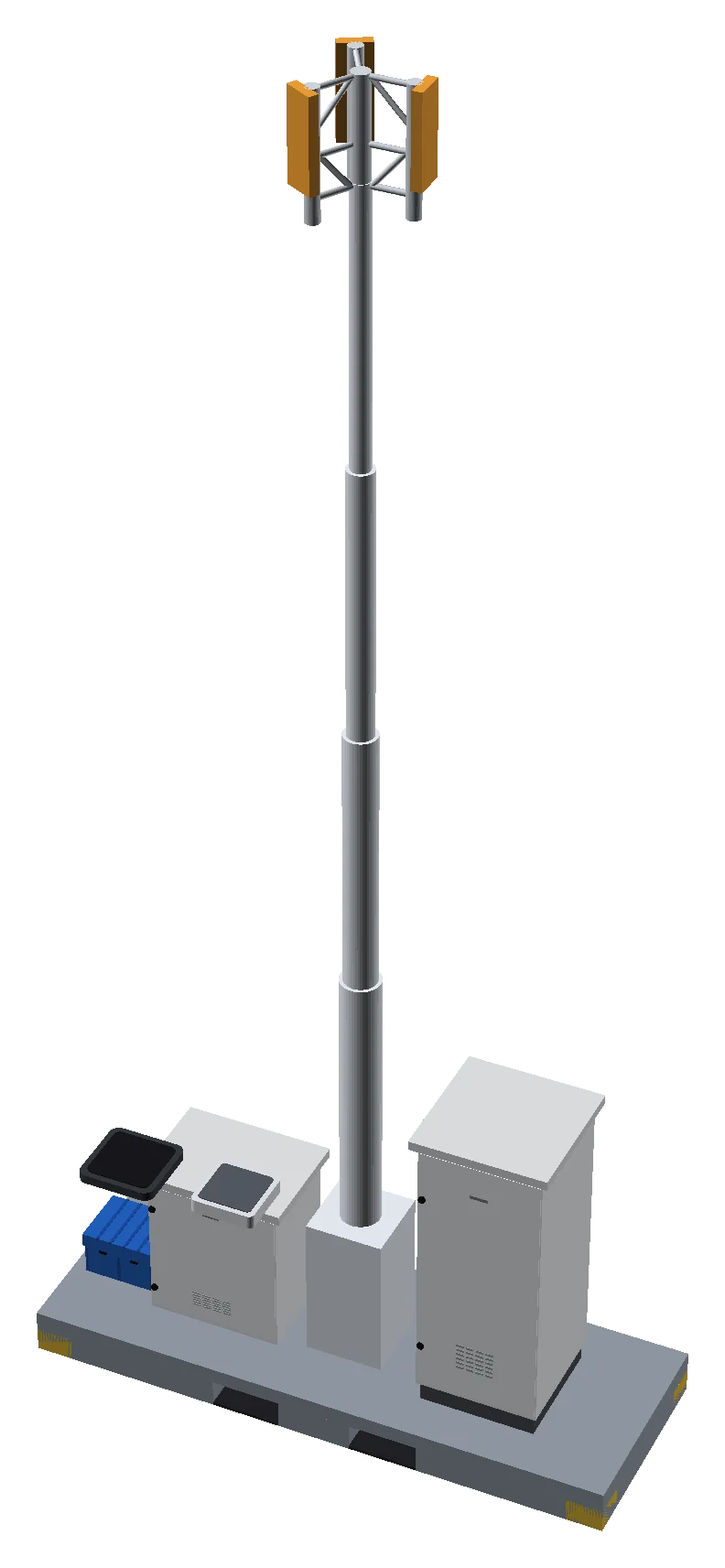 Skid module on a steel base with equipment cabinets and a raised mast