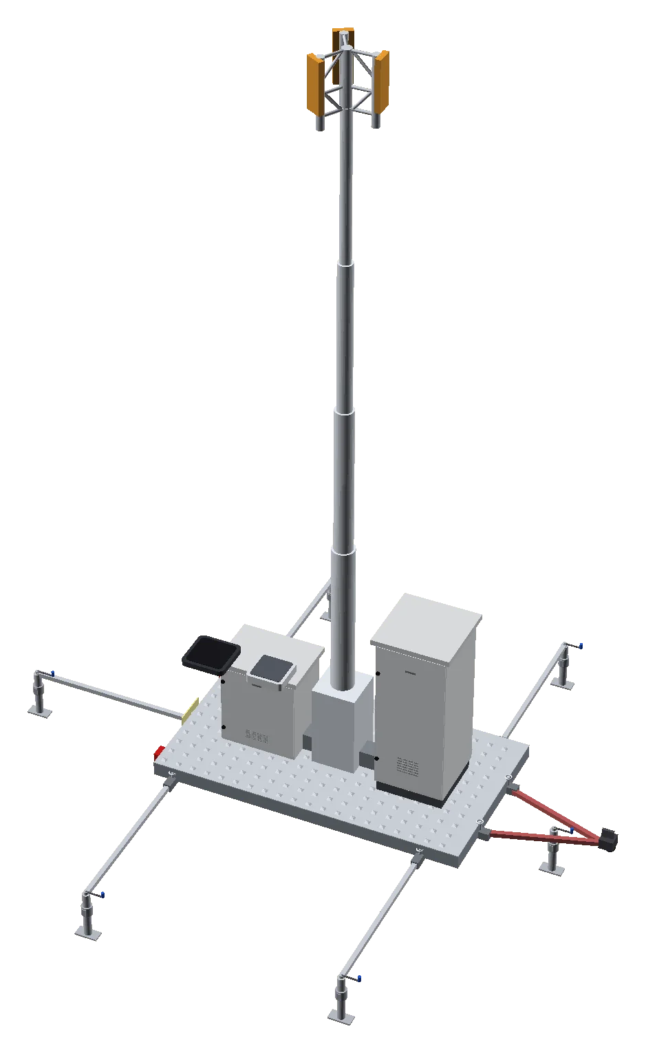 Trailer module with mast raised and four outrigger legs extended