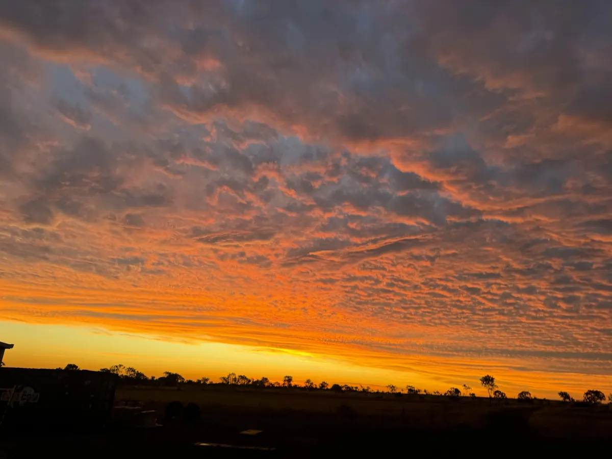 Mackerel clouds lit orange above a long flat horizon