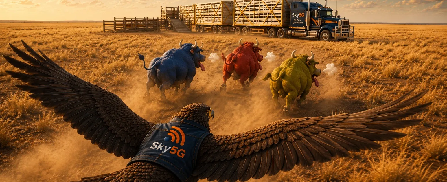 Sky, the Sky5G wedge-tailed eagle, gliding low behind three old bulls as they head toward a waiting road train