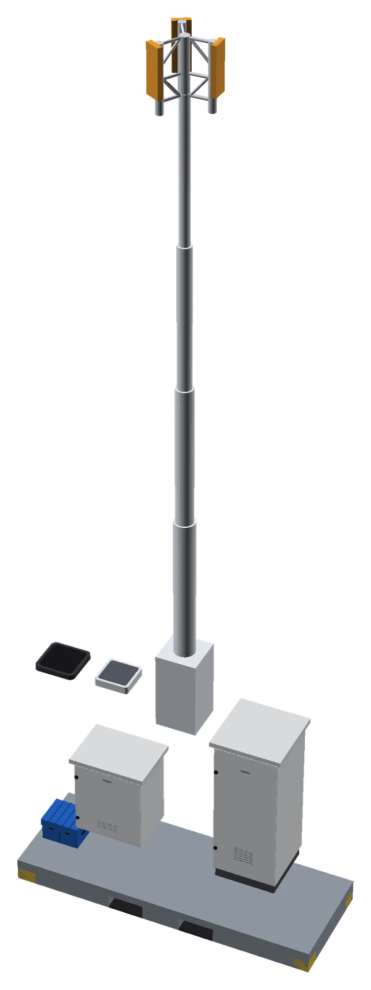 Exploded view of the skid module showing base, cabinets and mast as separate parts